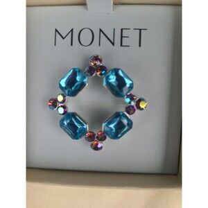 Monet Blue Rhinestone Faceted Aurora Borealis AB Brooch Pin